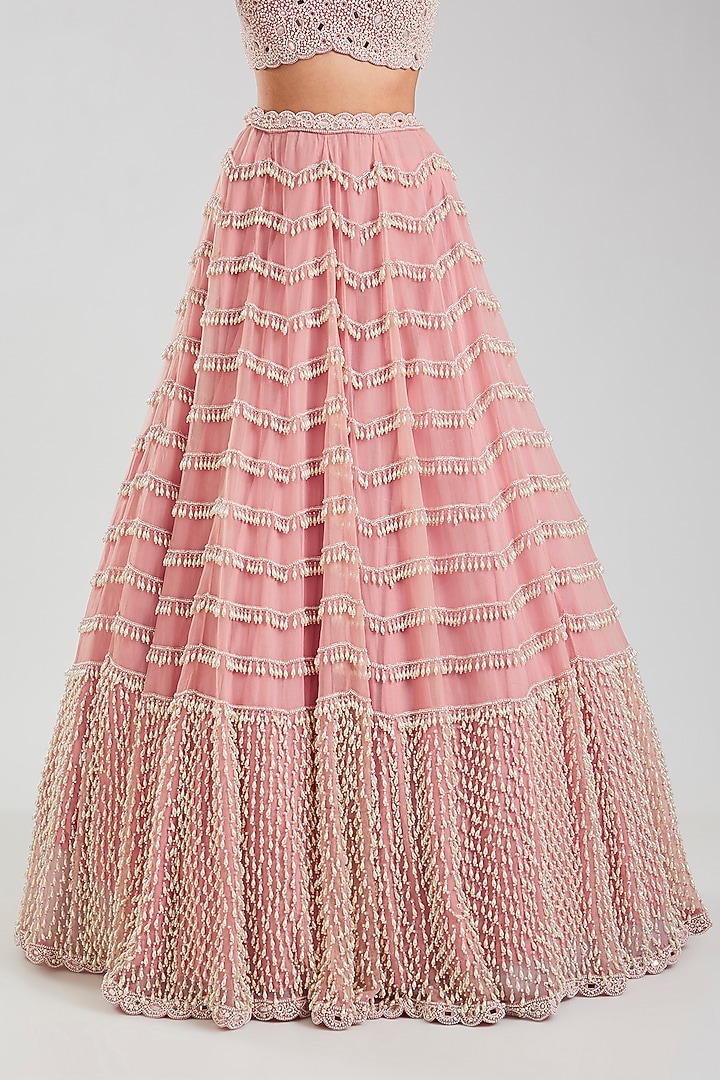 Pink Organza Mirror & Pearl Embroidered Bridal Lehenga Set by Vvani By Vani Vats at Pernia's Pop Up Shop