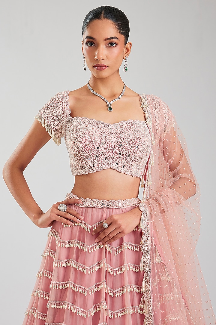 Pink Organza Mirror & Pearl Embroidered Bridal Lehenga Set by Vvani By Vani Vats at Pernia's Pop Up Shop