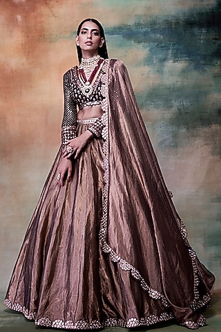 Copper Tissue Hand Embroidered Lehenga Set by VVANI BY VANI VATS