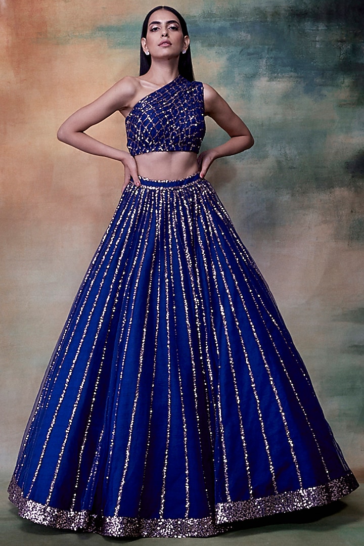 Midnight Blue Net Sequins Embroidered Lehenga Set by Vvani by Vani Vats