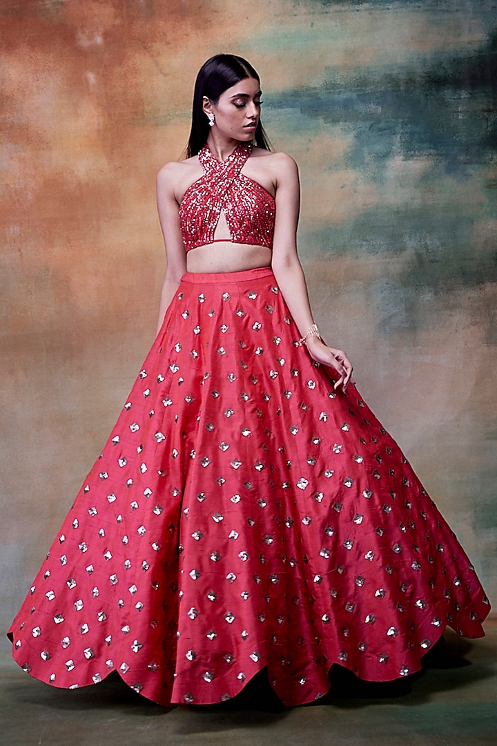 Coral Raw Silk Jaal Embroidered Lehenga Set  by Vvani by Vani Vats