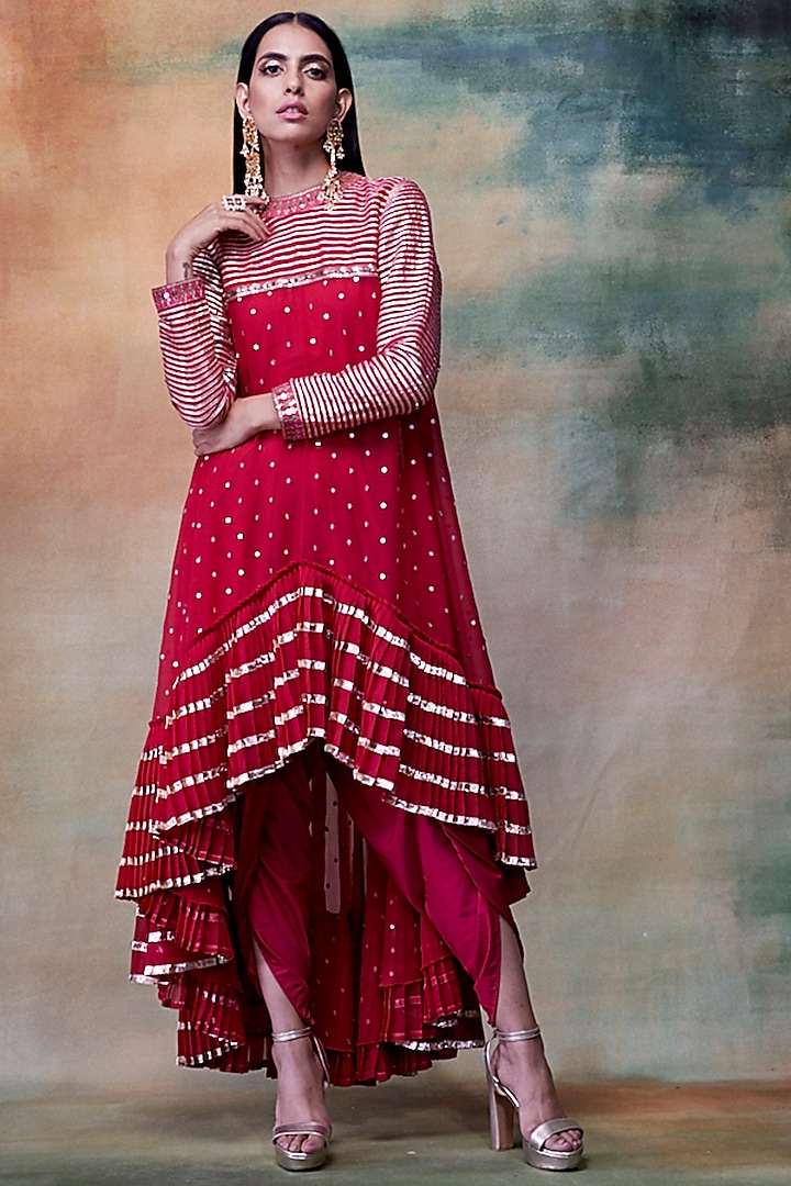 Crimson Red Embroidered Kurta With Dhoti Pants by Vvani by Vani Vats