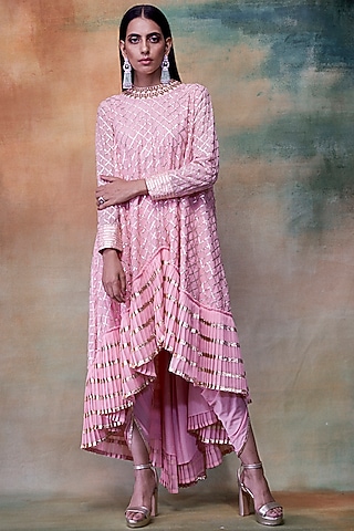 Peach Embroidered Kurta With Dhoti Pants by Vvani by Vani Vats