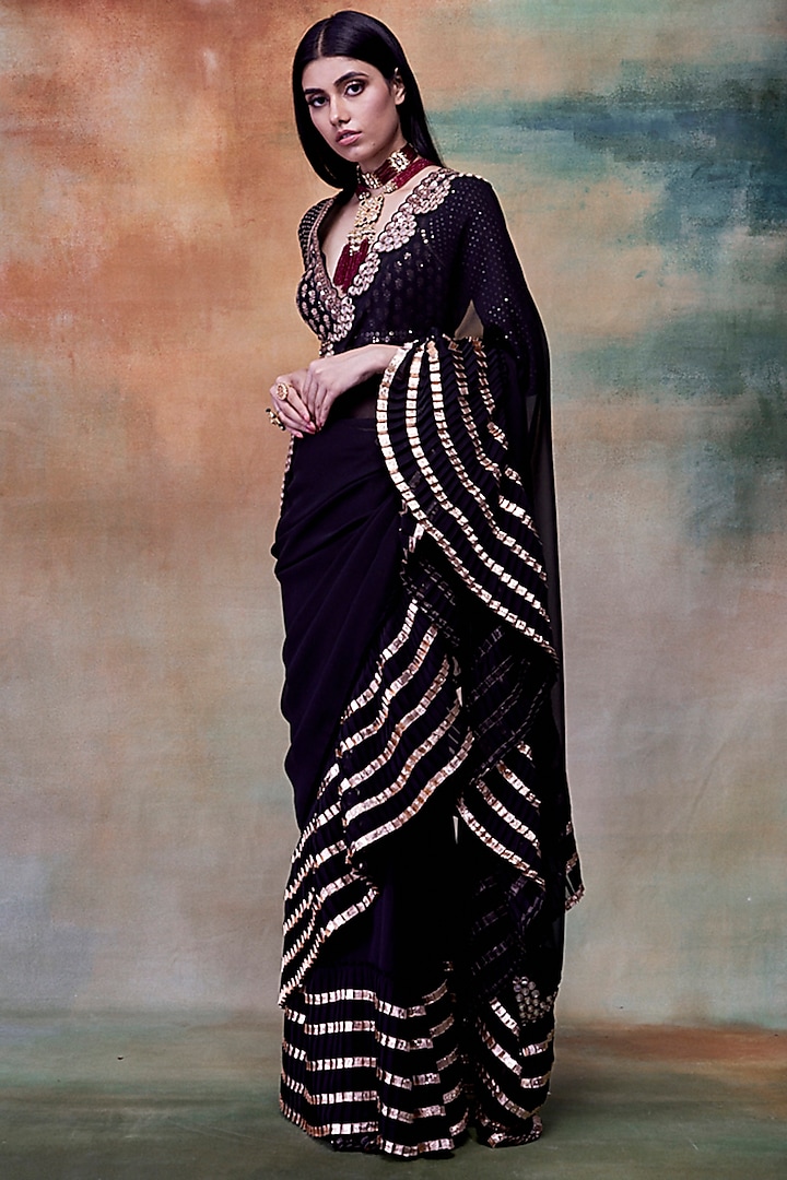 Black Georgette Gota Embroidered Wedding Saree Set by Vvani by Vani Vats at Pernia's Pop Up Shop