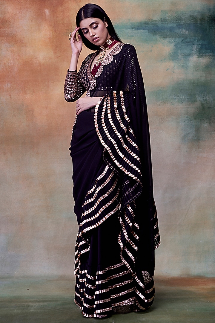 Black Georgette Gota Embroidered Wedding Saree Set by Vvani by Vani Vats at Pernia's Pop Up Shop
