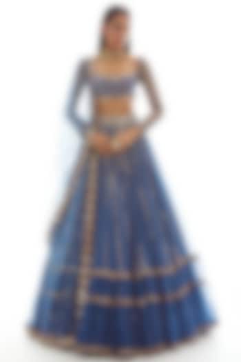 Dull Blue Georgette Sequins Embroidered Lehenga Set by Vvani by Vani Vats