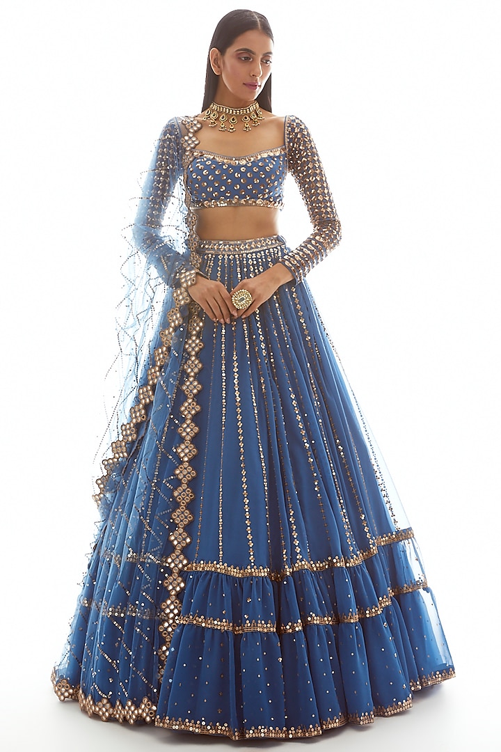 Dull Blue Georgette Sequins Embroidered Lehenga Set by Vvani by Vani Vats