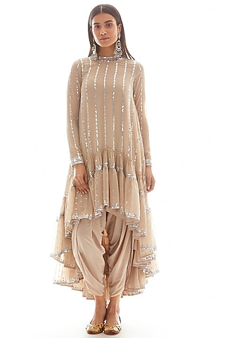 Beige Embroidered Kurta & Dhoti Pants by Vvani by Vani Vats
