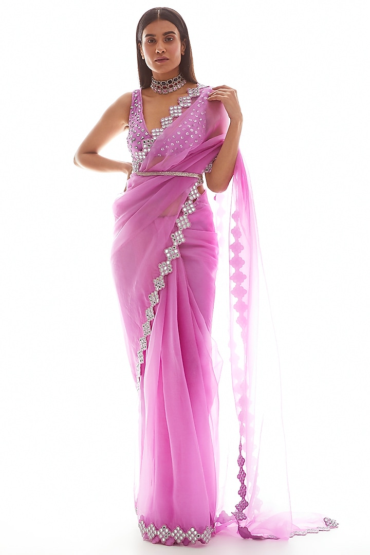 Mauve Organza Mirror Embroidered Wedding Saree Set by Vvani by Vani Vats at Pernia's Pop Up Shop