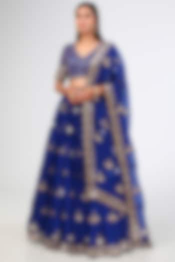 Royal Blue Silk Organza Hand Embroidered Wedding Lehenga Set by Vvani By Vani Vats at Pernia's Pop Up Shop
