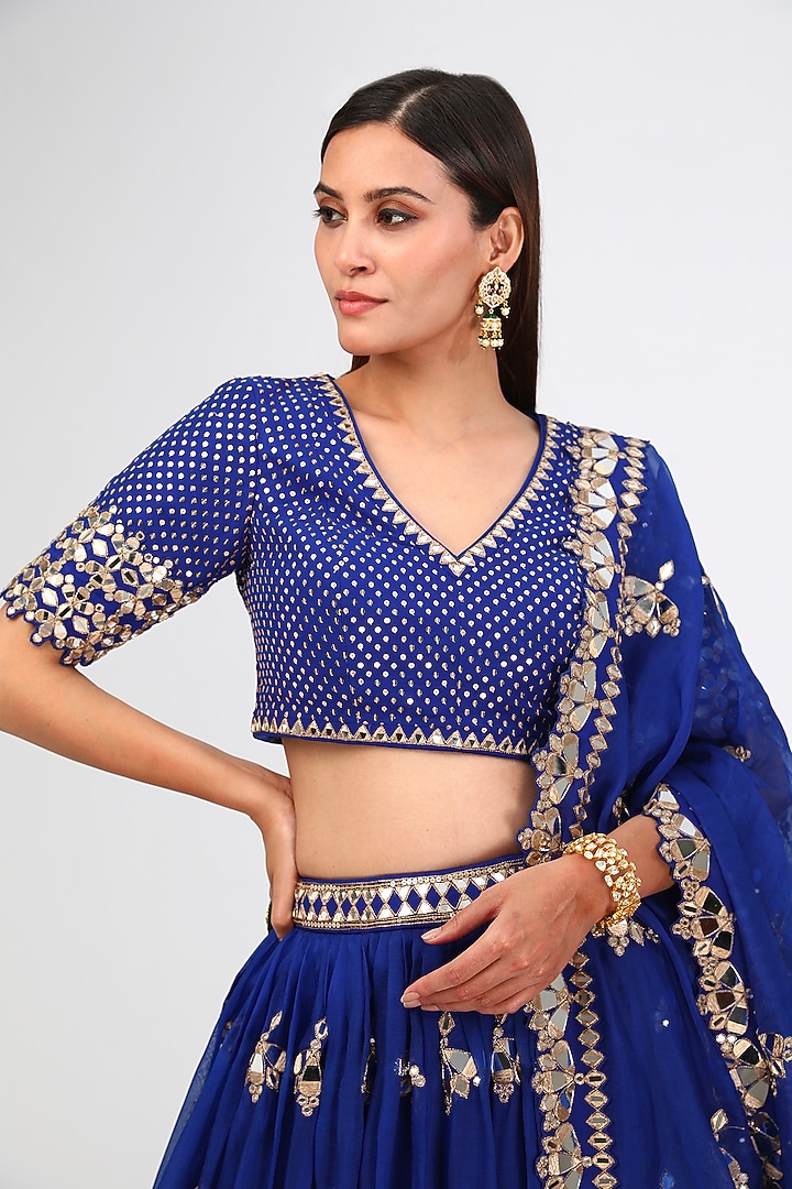 Royal Blue Silk Organza Hand Embroidered Wedding Lehenga Set by Vvani By Vani Vats at Pernia's Pop Up Shop