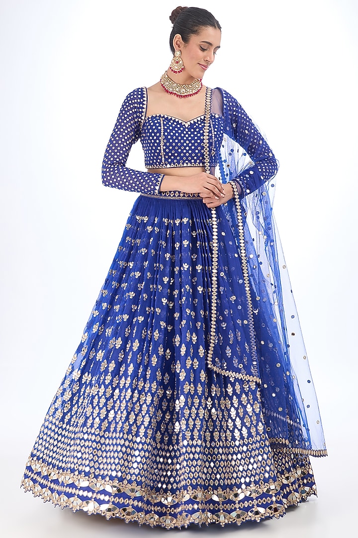 Cobalt Blue Organza Mirror Hand Embroidered Bridal Lehenga Set by Vvani By Vani Vats at Pernia's Pop Up Shop