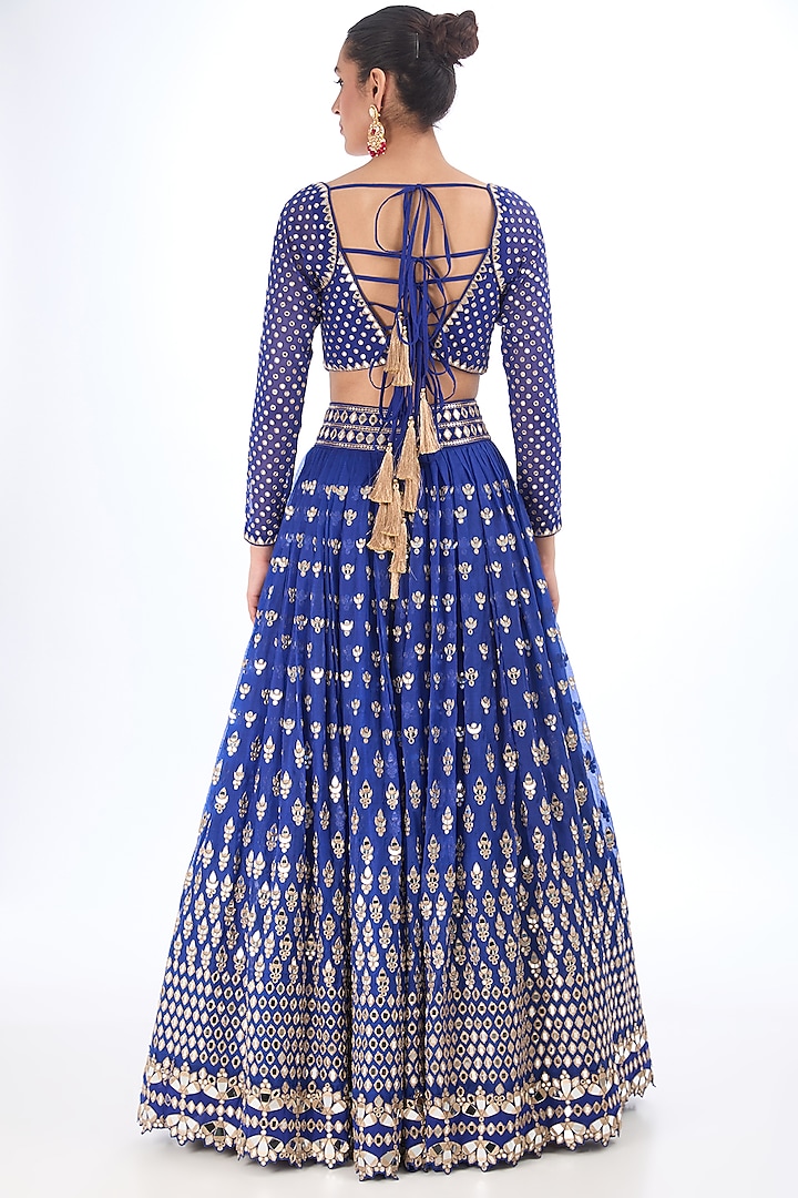 Cobalt Blue Organza Mirror Hand Embroidered Bridal Lehenga Set by Vvani By Vani Vats at Pernia's Pop Up Shop
