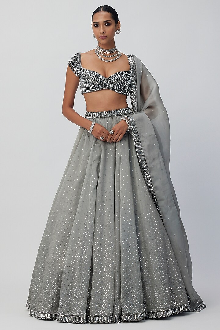 Grey Organza Hand Embroidered Wedding Lehenga Set by Vvani By Vani Vats at Pernia's Pop Up Shop