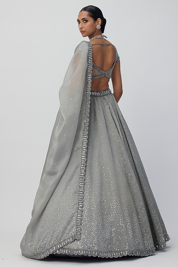 Grey Organza Hand Embroidered Wedding Lehenga Set by Vvani By Vani Vats at Pernia's Pop Up Shop