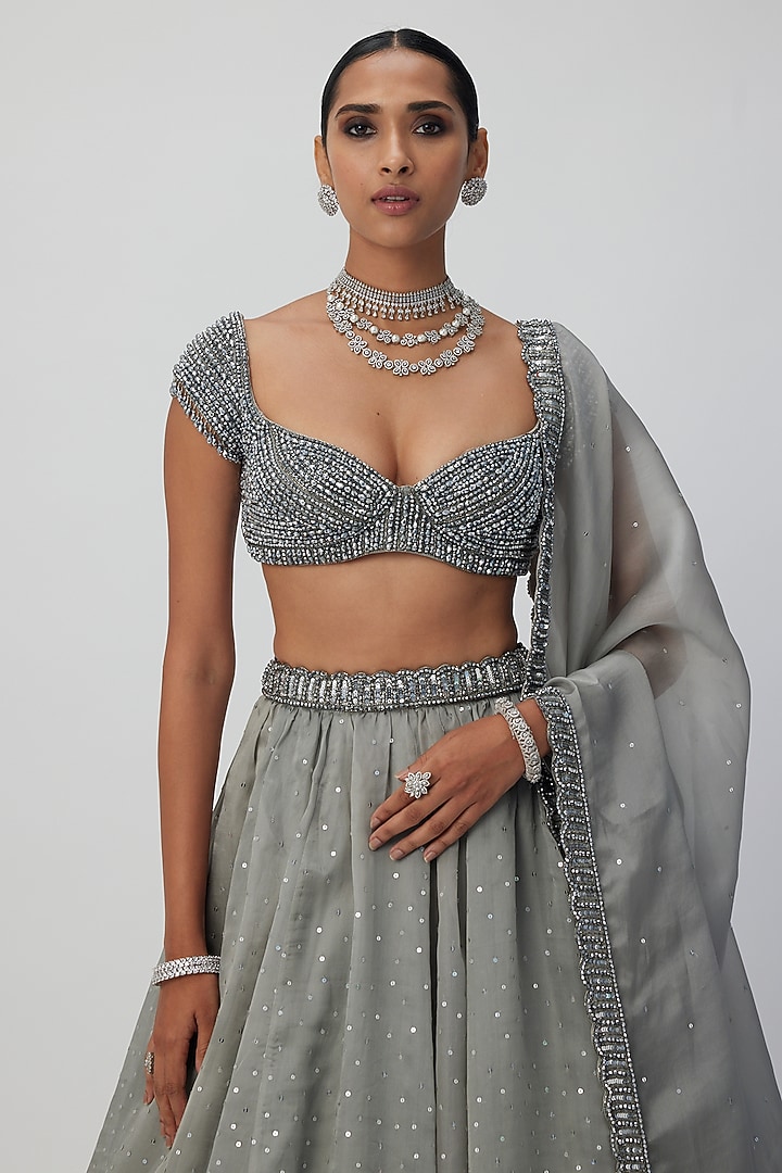 Grey Organza Hand Embroidered Wedding Lehenga Set by Vvani By Vani Vats at Pernia's Pop Up Shop