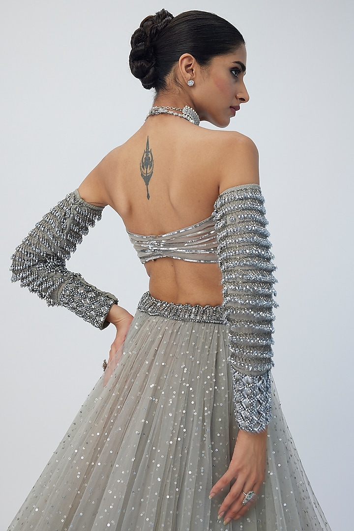 Grey Net Hand Embroidered Wedding Lehenga Set by Vvani By Vani Vats at Pernia's Pop Up Shop