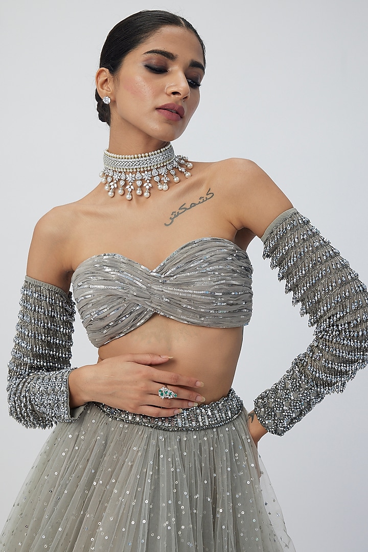 Grey Net Hand Embroidered Wedding Lehenga Set by Vvani By Vani Vats at Pernia's Pop Up Shop