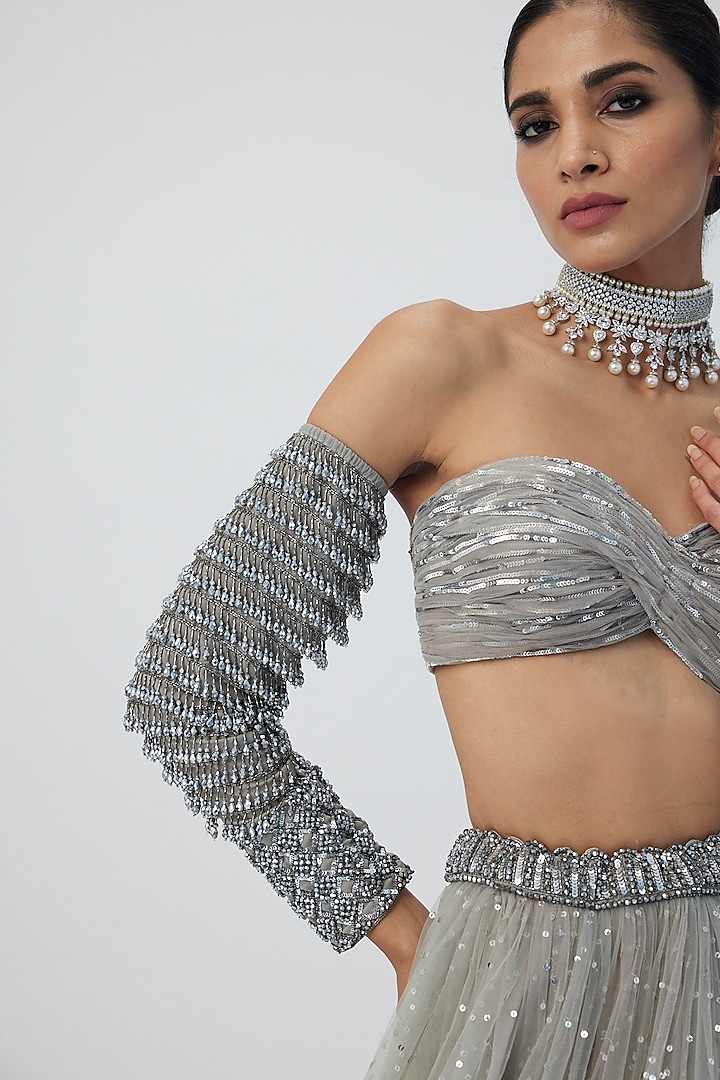 Grey Net Hand Embroidered Wedding Lehenga Set by Vvani By Vani Vats at Pernia's Pop Up Shop