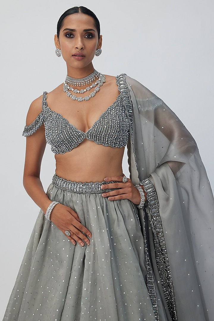 Grey Organza Hand Embroidered Wedding Lehenga Set by Vvani By Vani Vats at Pernia's Pop Up Shop