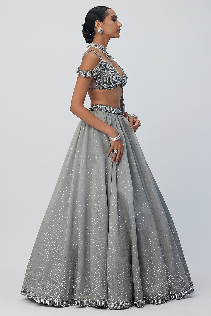 Grey Organza Hand Embroidered Wedding Lehenga Set by Vvani By Vani Vats at Pernia's Pop Up Shop