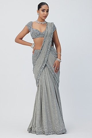Grey Georgette Hand Embroidered Pre-Draped Saree Set by Vvani By Vani Vats