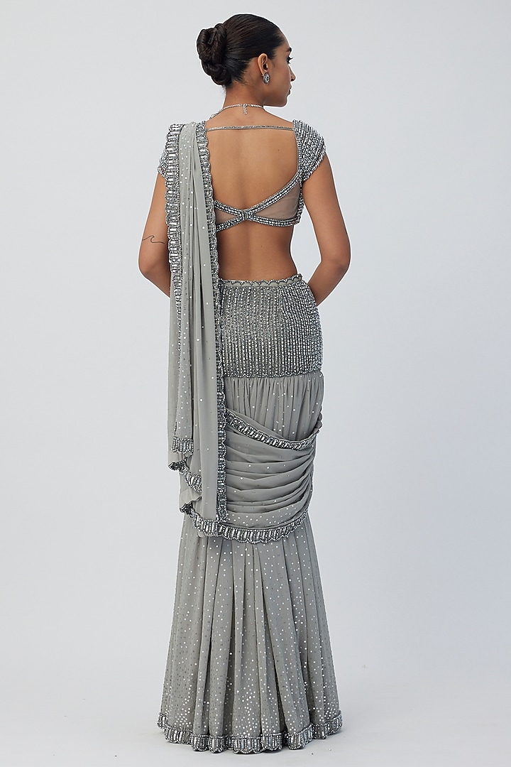 Grey Georgette Hand Embroidered Pre-Draped Reception Saree Set by Vvani By Vani Vats at Pernia's Pop Up Shop