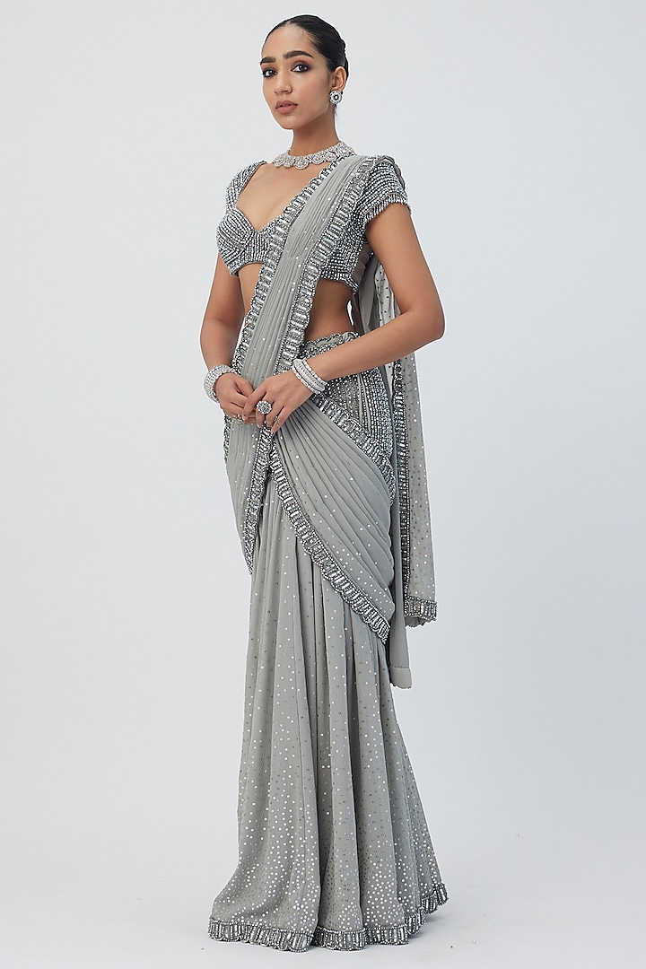 Grey Georgette Hand Embroidered Pre-Draped Reception Saree Set by Vvani By Vani Vats at Pernia's Pop Up Shop