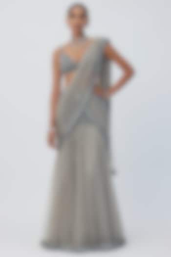Grey Net Hand Embroidered Pre-Draped Reception Saree Set by Vvani By Vani Vats at Pernia's Pop Up Shop