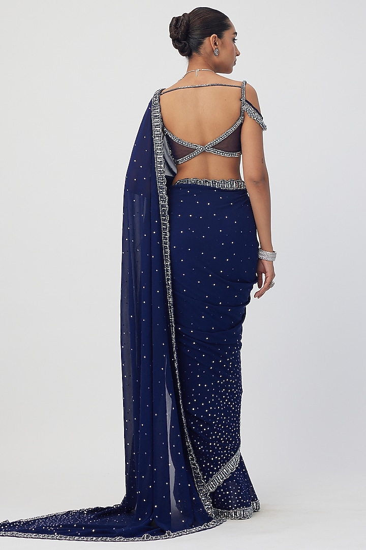 Deep Blue Georgette Embroidered Reception Saree Set by Vvani By Vani Vats at Pernia's Pop Up Shop