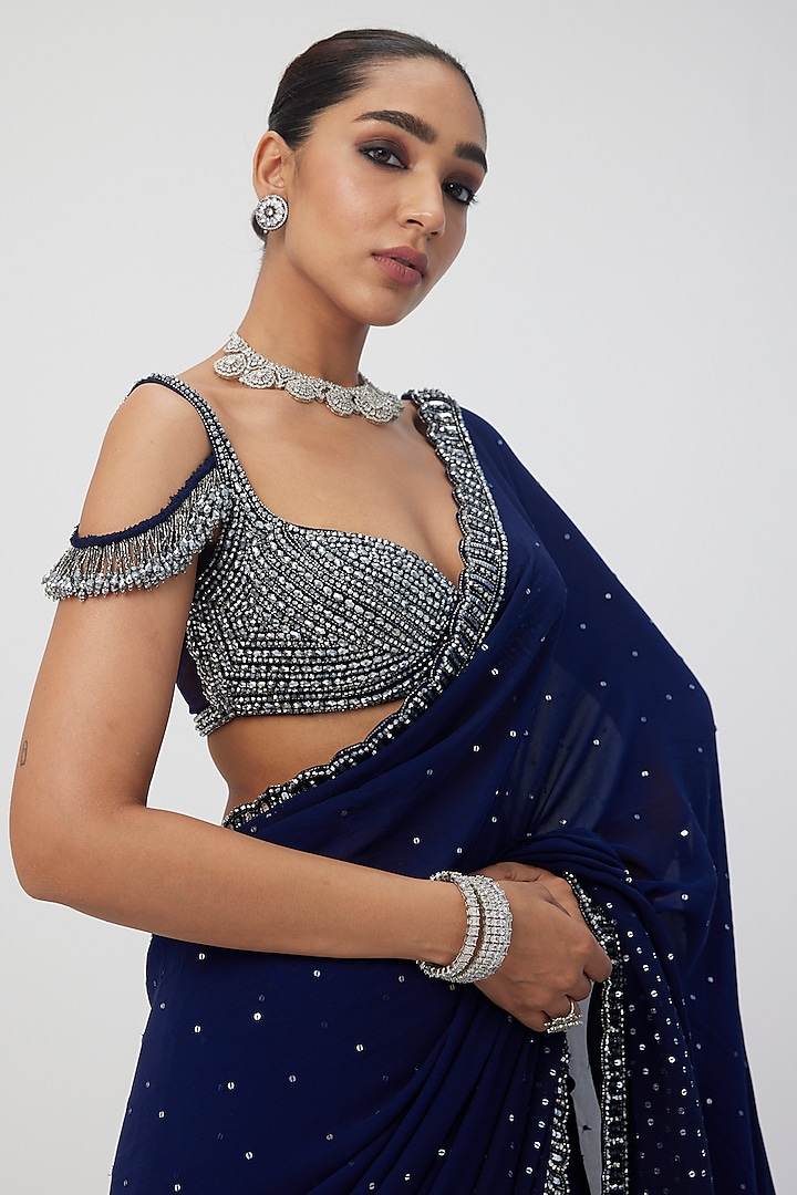 Deep Blue Georgette Embroidered Reception Saree Set by Vvani By Vani Vats at Pernia's Pop Up Shop