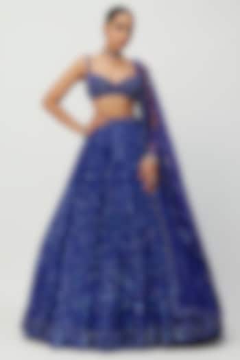 Blue Net Hand Embroidered Bridal Lehenga Set by Vvani By Vani Vats at Pernia's Pop Up Shop