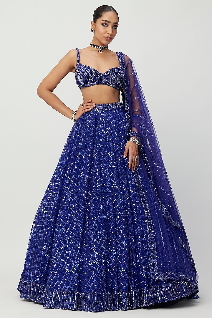 Blue Net Hand Embroidered Bridal Lehenga Set by Vvani By Vani Vats at Pernia's Pop Up Shop