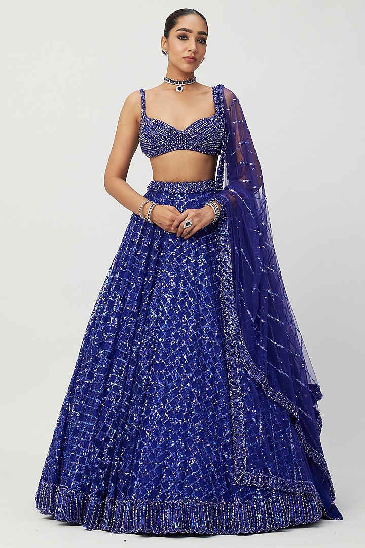 Blue Net Hand Embroidered Bridal Lehenga Set by Vvani By Vani Vats at Pernia's Pop Up Shop