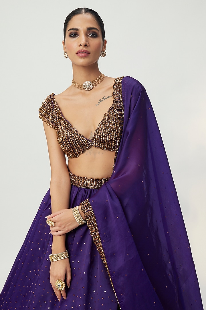 Purple Organza Hand Embroidered Wedding Lehenga Set by Vvani By Vani Vats at Pernia's Pop Up Shop