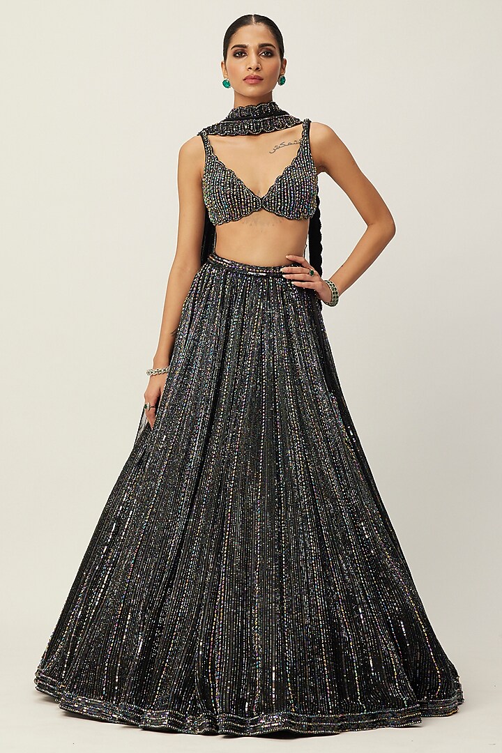 Black Organza Hand Embroidered Bridal Lehenga Set by Vvani By Vani Vats at Pernia's Pop Up Shop