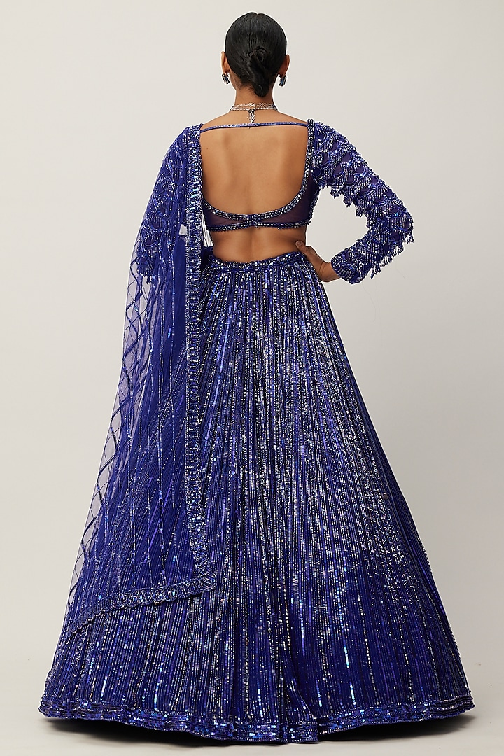 Blue Georgette Hand Embroidered Bridal Lehenga Set by Vvani By Vani Vats at Pernia's Pop Up Shop