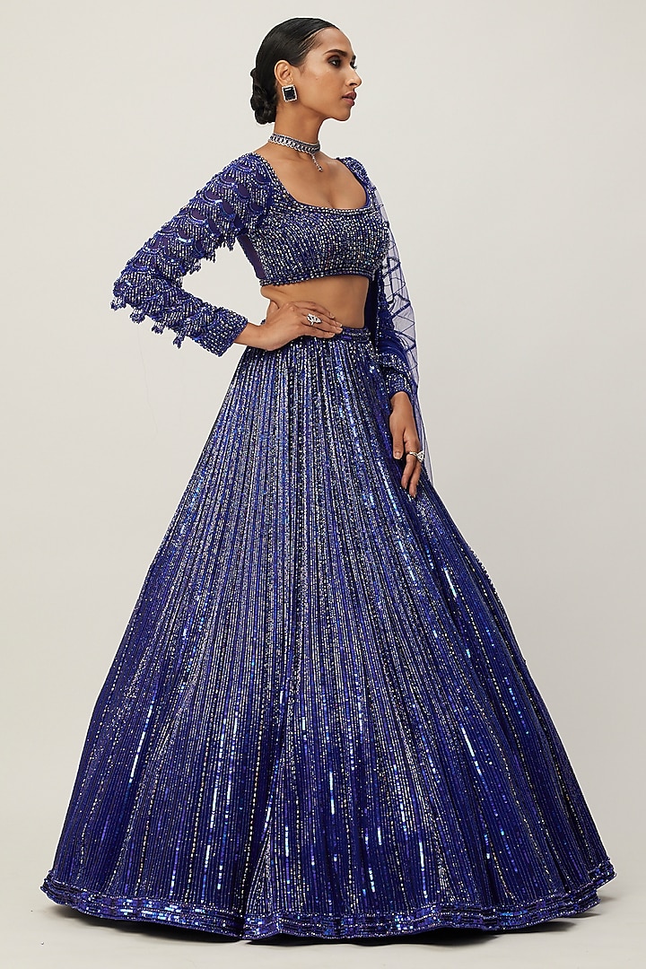 Blue Georgette Hand Embroidered Bridal Lehenga Set by Vvani By Vani Vats at Pernia's Pop Up Shop