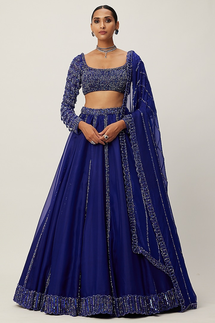 Blue Organza Sequins Hand Embroidered  dulhan bday 22 may Lehenga Set by Vvani By Vani Vats at Pernia's Pop Up Shop