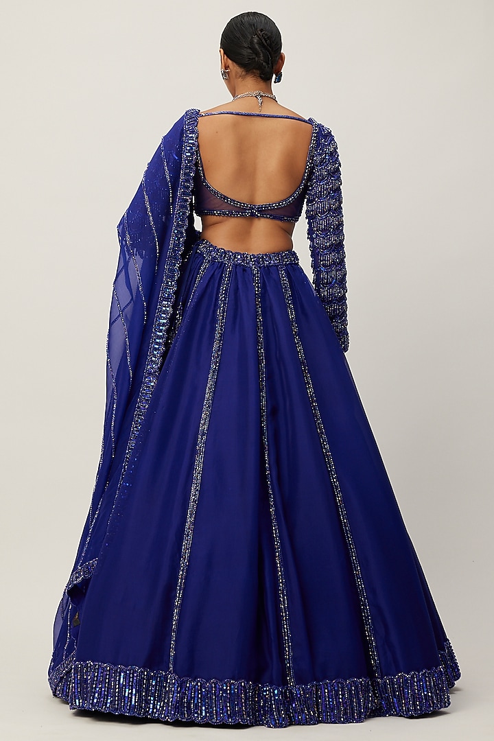 Blue Organza Sequins Hand Embroidered Wedding Lehenga Set by Vvani By Vani Vats at Pernia's Pop Up Shop