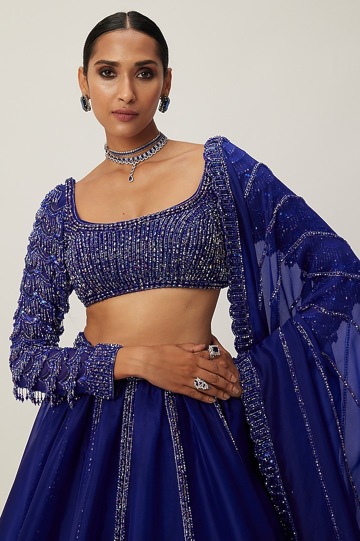 Blue Organza Sequins Hand Embroidered Wedding Lehenga Set by Vvani By Vani Vats at Pernia's Pop Up Shop