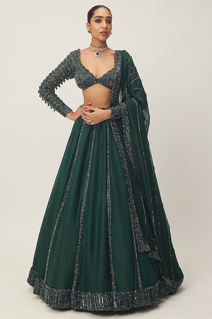 Dark Jade Green Organza Sequins Hand Embroidered  dulhan bday 22 may Lehenga Set by Vvani By Vani Vats at Pernia's Pop Up Shop