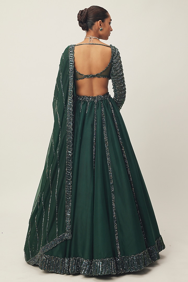 Dark Jade Green Organza Sequins Hand Embroidered Wedding Lehenga Set by Vvani By Vani Vats at Pernia's Pop Up Shop