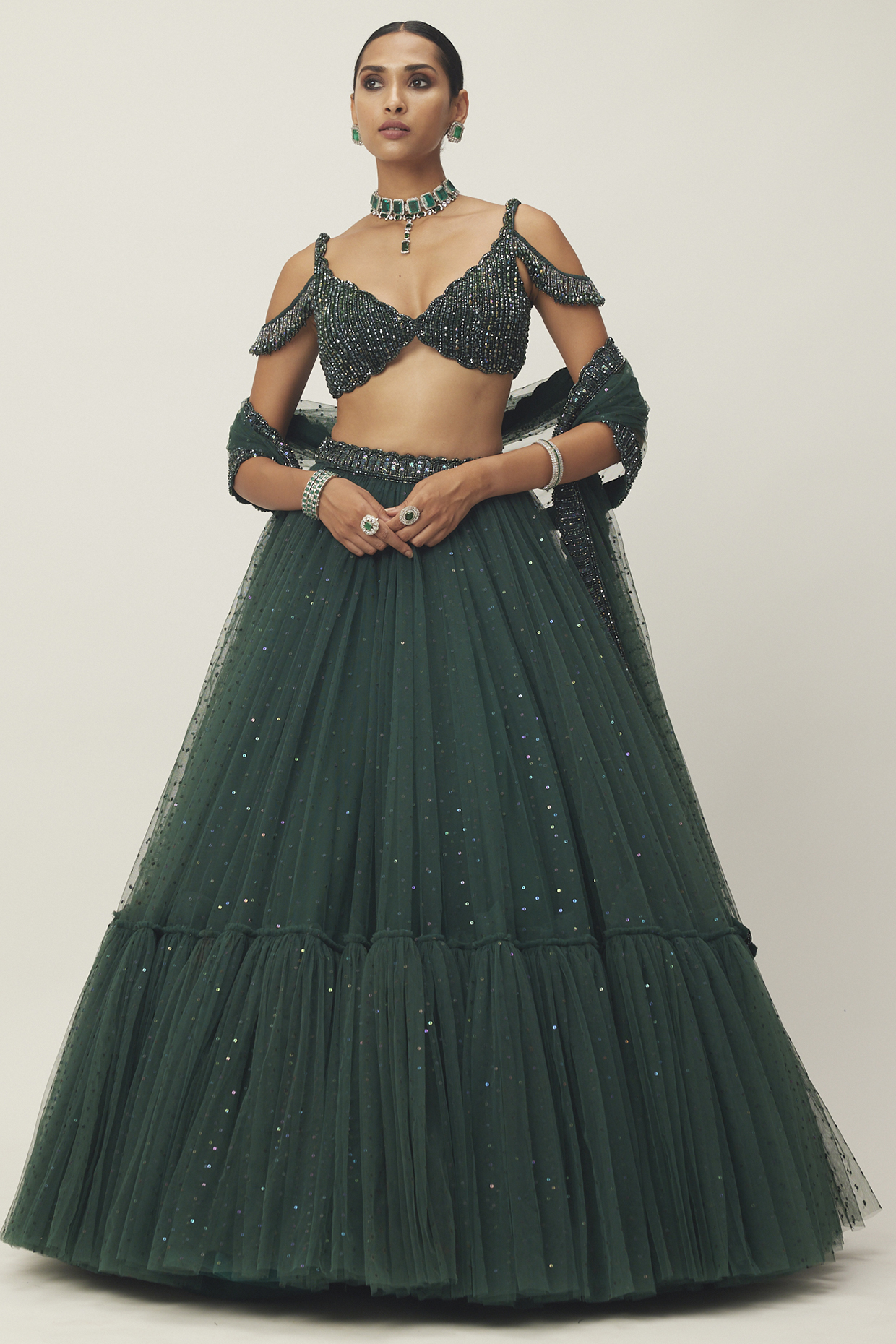 Dark Jade Green Net Hand Embroidered  dulhan bday 22 may Lehenga Set by Vvani By Vani Vats at Pernia's Pop Up Shop