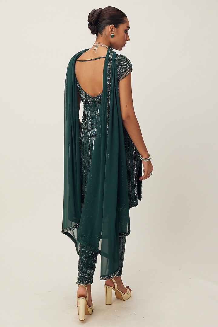 Dark Jade Green Georgette Hand Embroidered Kurta Set by Vvani By Vani Vats at Pernia's Pop Up Shop