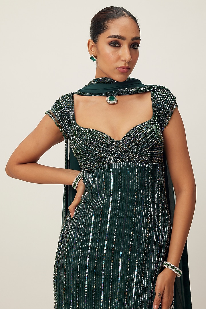 Dark Jade Green Georgette Hand Embroidered Kurta Set by Vvani By Vani Vats at Pernia's Pop Up Shop