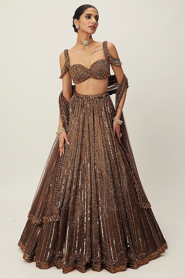 Copper Organza Hand Embroidered Bridal Lehenga Set by Vvani By Vani Vats at Pernia's Pop Up Shop