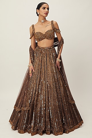 Copper Organza Hand Embroidered Lehenga Set by Vvani By Vani Vats