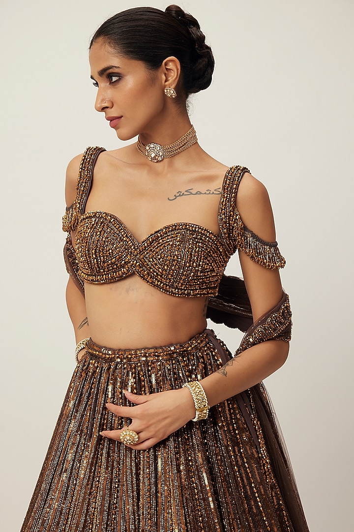Copper Organza Hand Embroidered Bridal Lehenga Set by Vvani By Vani Vats at Pernia's Pop Up Shop