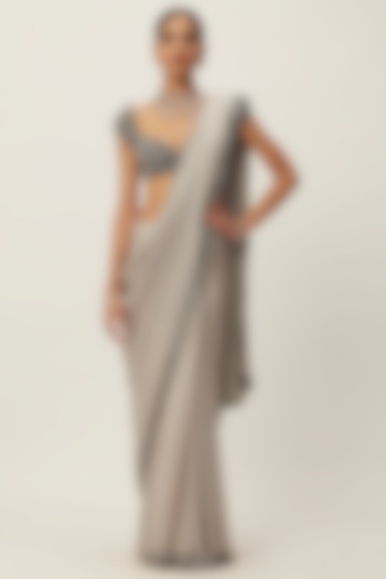 Grey Satin Hand Embroidered Wedding Saree Set by Vvani By Vani Vats at Pernia's Pop Up Shop